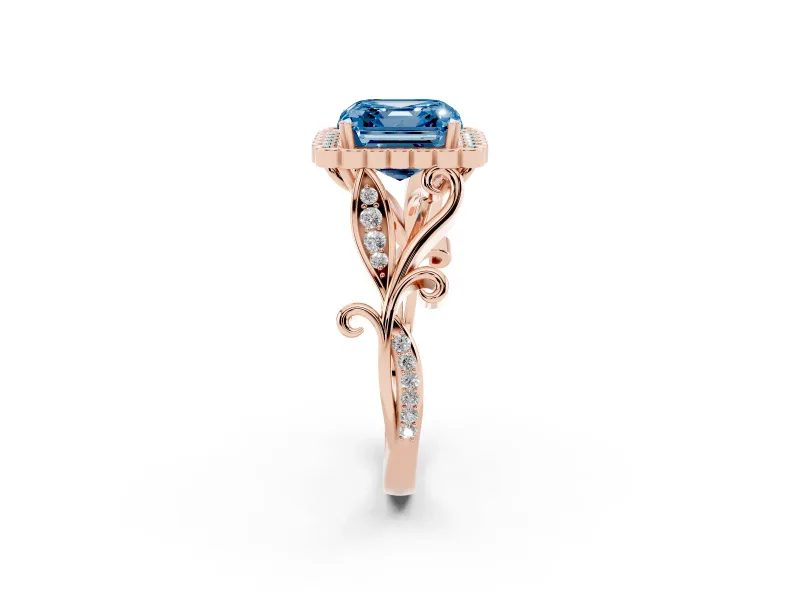 Asscher Cut Leaf Halo Engagement Ring Setting for a Fancy Blue Lab-Grown Diamond | Rose Gold