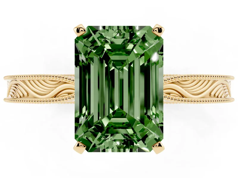 Emerald Cut Engraved Engagement Ring Setting for a Fancy Green Lab-Grown Diamond | Yellow Gold