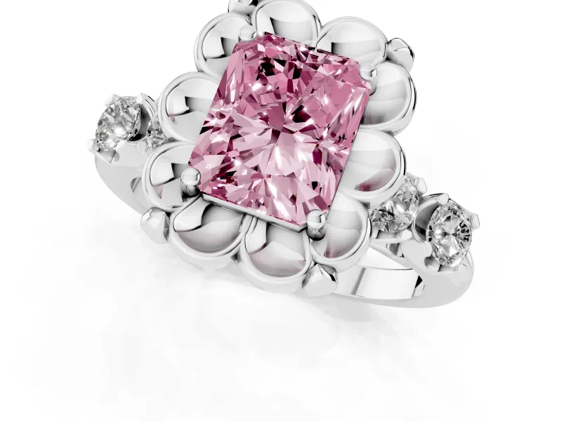 Fancy Pink Radiant Cut Diamond Floral Halo Ring Set in White gold with Shared Prong Band