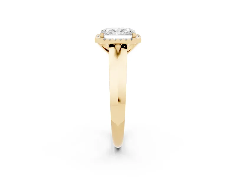 Radiant Cut Diamond Halo Ring Set in Yellow gold with Cathedral Band and Prong Setting
