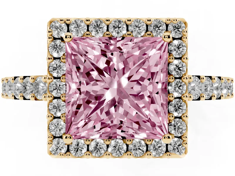 Fancy Pink Princess Cut Diamond Halo Pavé Solitaire Ring Set in Yellow gold with Prong-Set Center Stone