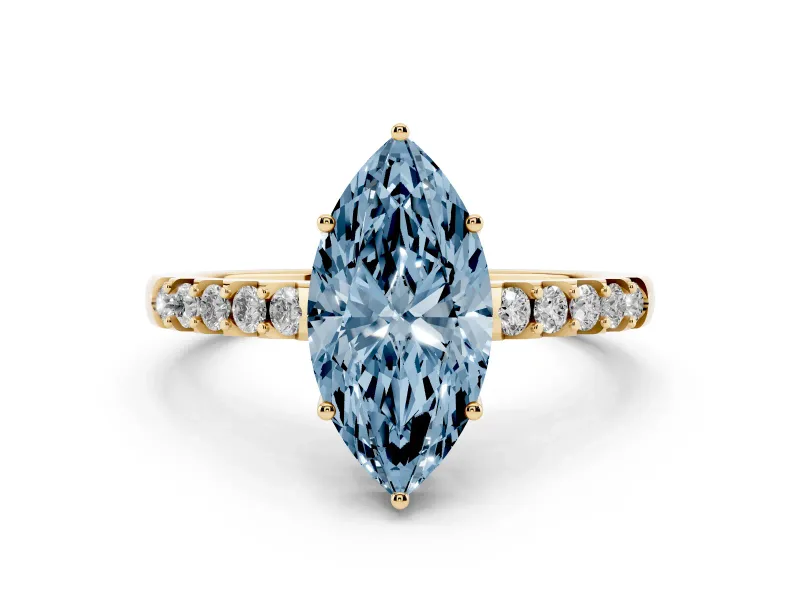 Fancy Blue Marquise Cut Diamond Solitaire Engagement Ring Set in Yellow gold with Pavé Band and Prong Setting