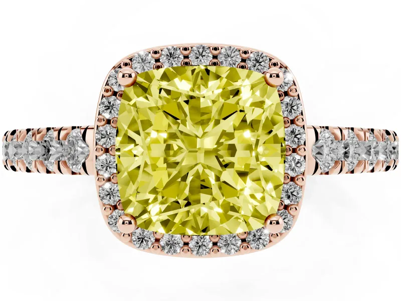 Fancy Yellow Cushion Cut Diamond Halo Engagement Ring Set in Rose gold with Pavé Band and Prong Setting