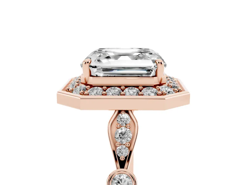 Asscher Cut Vintage Halo Engagement Ring Setting | Bezel Station Shoulders | Rose Gold