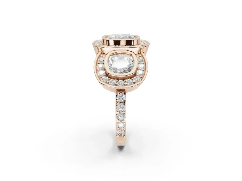 Cushion Cut Three Stone Halo Engagement Ring Setting | Bezel Set | Rose Gold