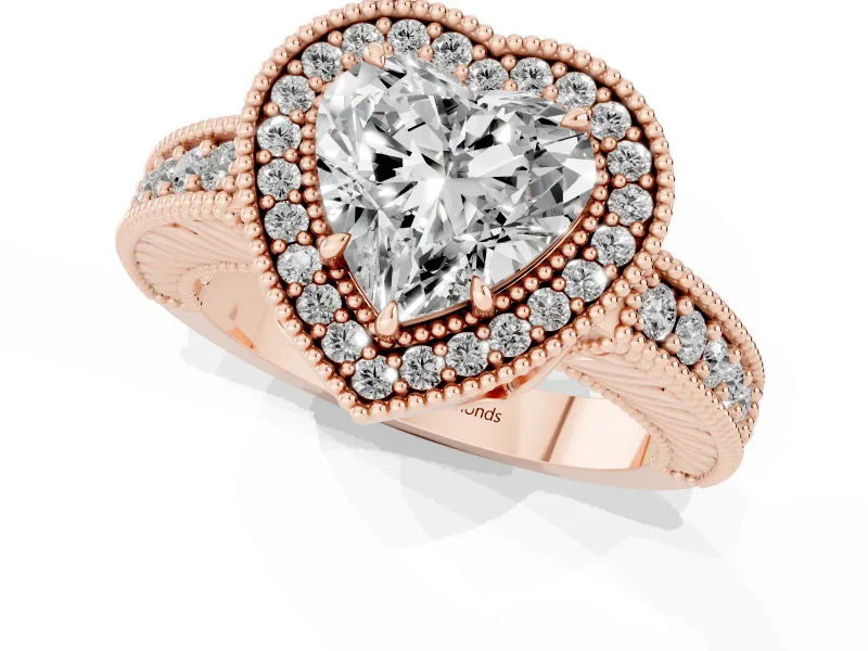Heart Cut Diamond Halo Ring Set in Rose gold with Round Accent Halo, Pavé Band and Prong Setting