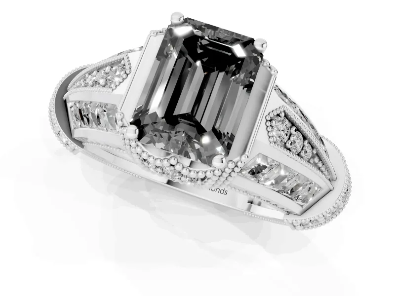 Fancy Black Emerald Cut Diamond Vintage-Inspired Milgrain Ring Set in Platinum with Accent Split Shank