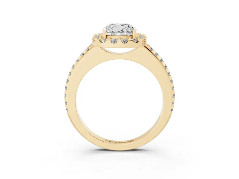 Cushion Cut Pave Halo Engagement Ring Setting | Pave Band | Yellow Gold