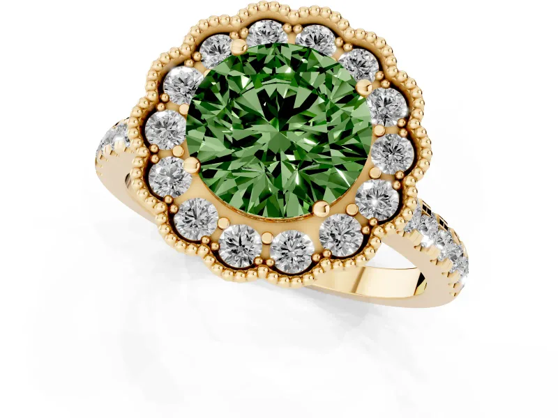 Fancy Green Round Cut Diamond Milgrain Floral Halo Engagement Ring Set in Yellow gold with Pavé Band