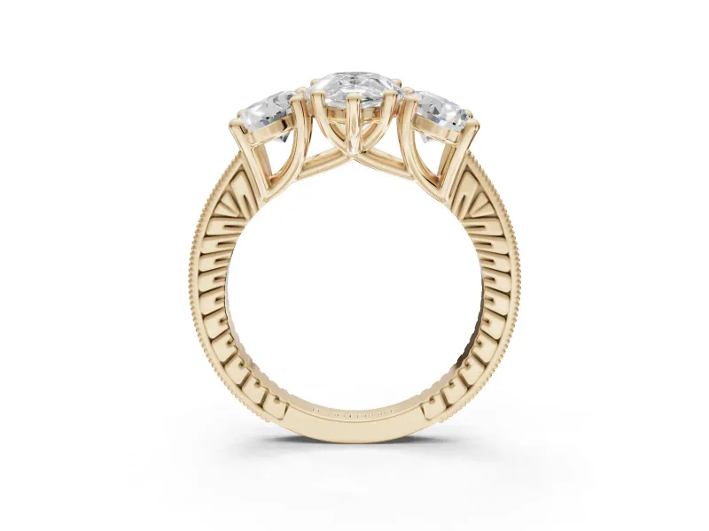 Pear-Shaped Vintage Three Stone Engagement Ring Setting | Graduated Pavé | Yellow Gold