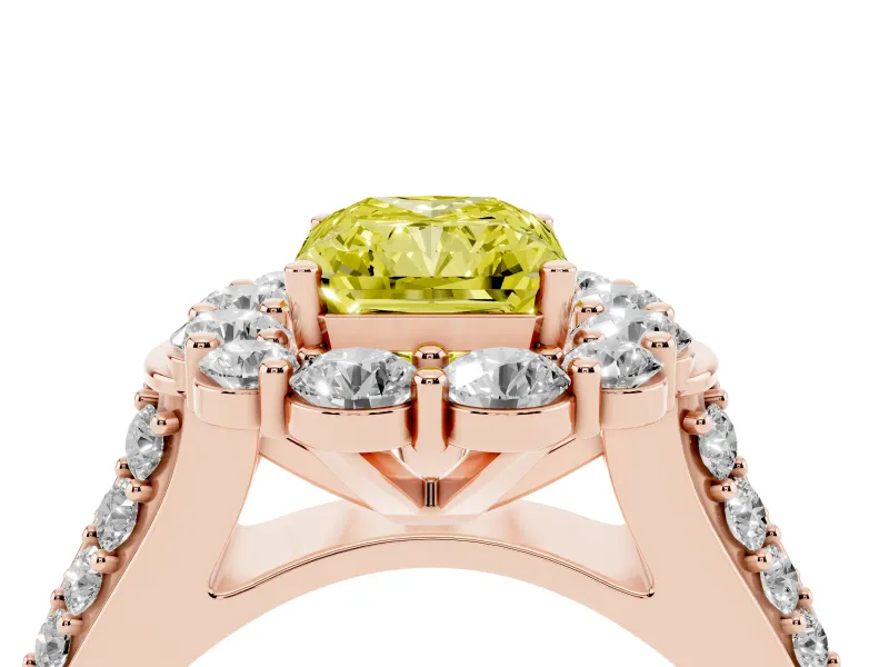 Fancy Yellow Radiant Cut Diamond Halo Engagement Ring Set in Rose gold with Split Shank and Prong Setting