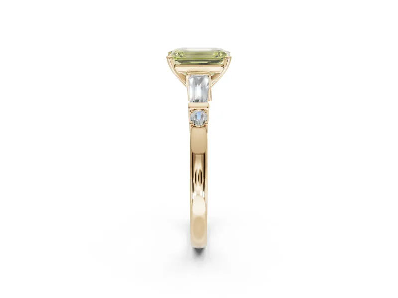 Emerald Cut Tapered Baguette Engagement Ring Setting for a Fancy Yellow Lab-Grown Diamond | Bar Set Sides | Yellow Gold