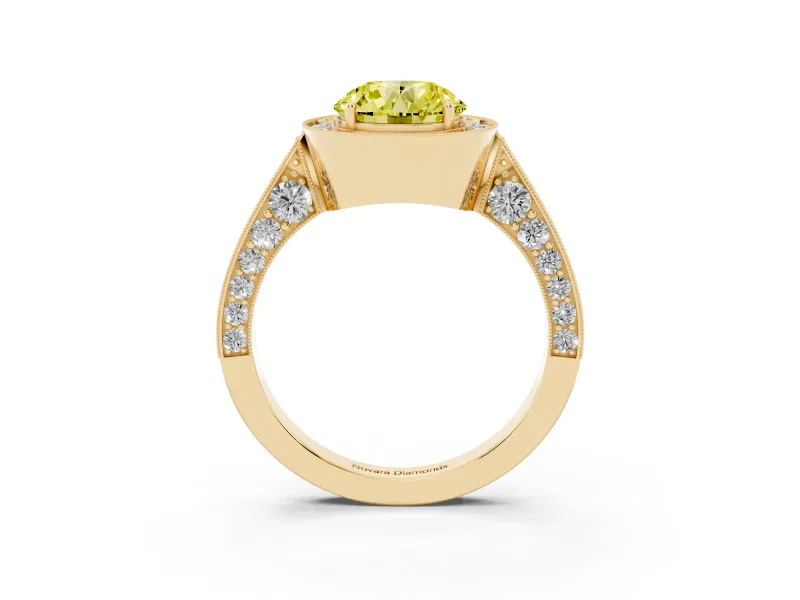Round Milgrain Halo Engagement Ring Setting for a Fancy Yellow Lab-Grown Diamond | Side Stones | Yellow Gold