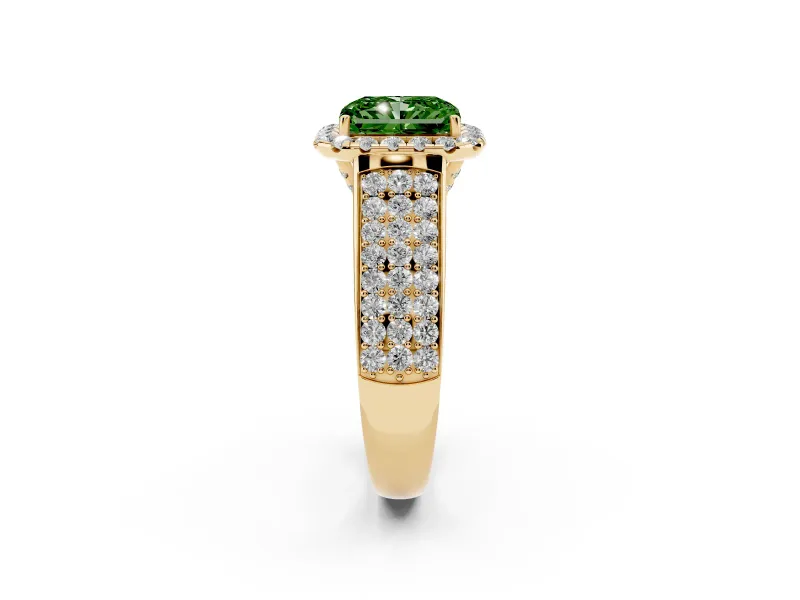 Radiant Cut Pavé Engagement Ring Setting for a Fancy Green Lab-Grown Diamond | Wide Three-Row Band | Yellow Gold