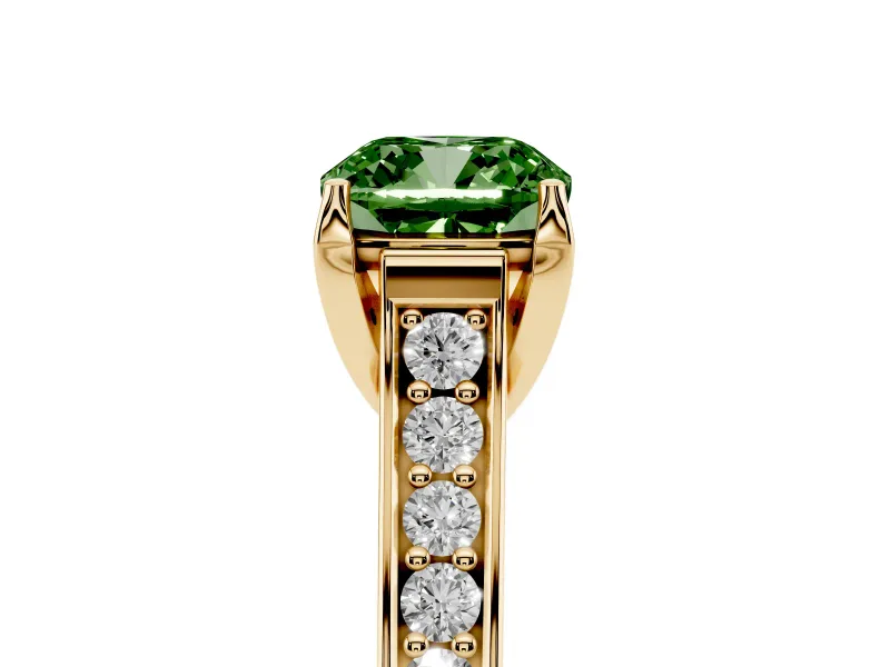 Cushion Cut Graduated Pavé Engagement Ring Setting for a Fancy Green Lab-Grown Diamond | Yellow Gold