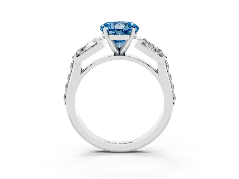 Fancy Blue Round Cut Diamond Engagement Ring Set in Silver with Baguette Side Stones and Channel Set Band