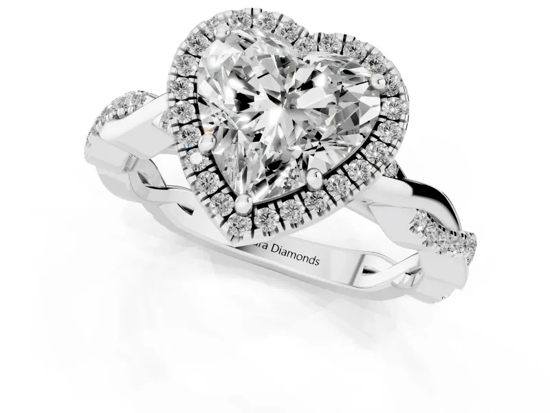 Heart Cut Diamond Halo Twisted Band Ring Set in White gold with Prong Setting