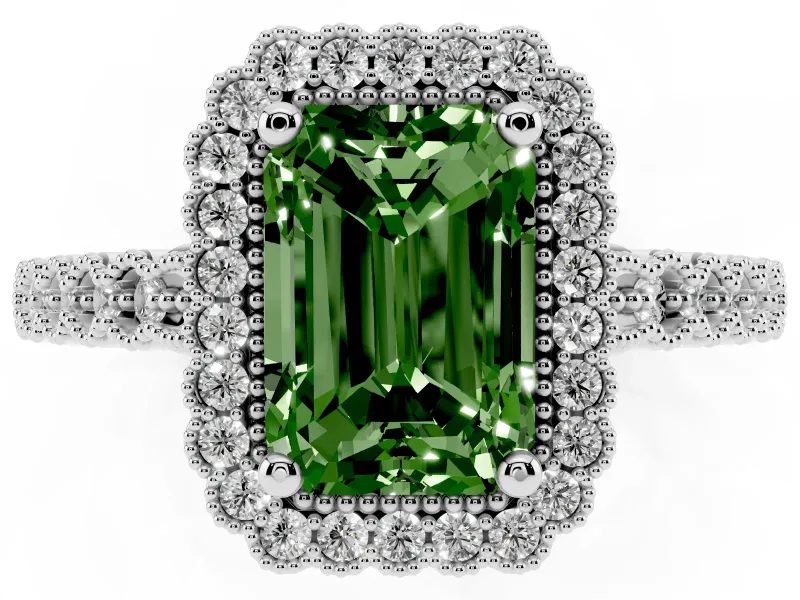Radiant Cut Milgrain Halo Engagement Ring Setting for a Fancy Green Lab-Grown Diamond | Beaded Shoulders | Platinum