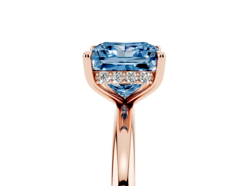 Fancy Blue Princess Cut Diamond Solitaire Ring Set in Rose gold with Thin Band and Prong Setting