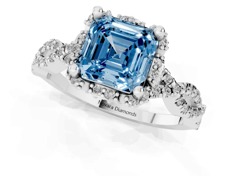 Fancy Blue Asscher Cut Diamond Halo Twist Band Solitaire Ring Set in Platinum with Prong-Set Center Stone
