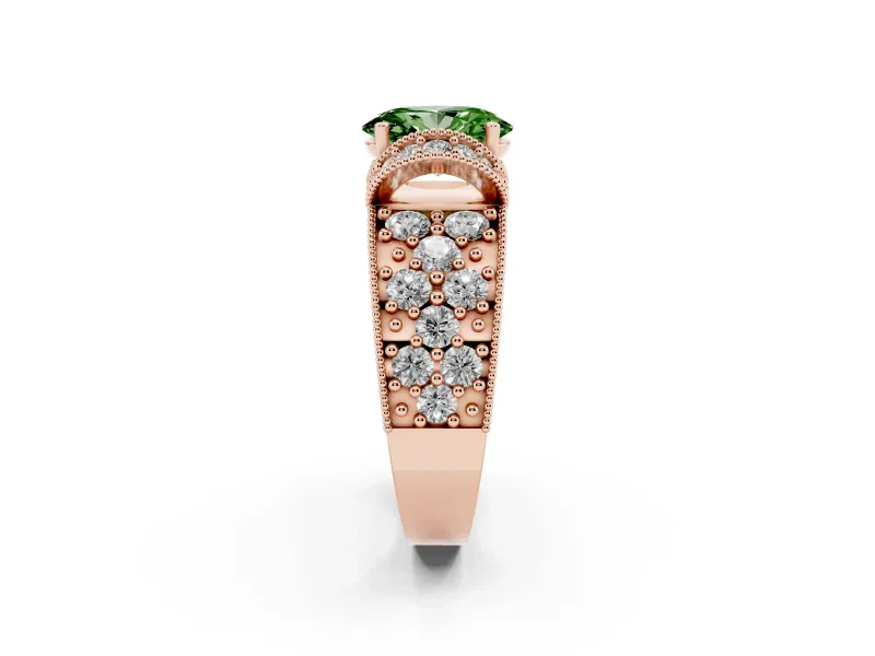 Oval Vintage Milgrain Pave Engagement Ring Setting for a Fancy Green Lab-Grown Diamond | Crescent Side Rows | Rose Gold