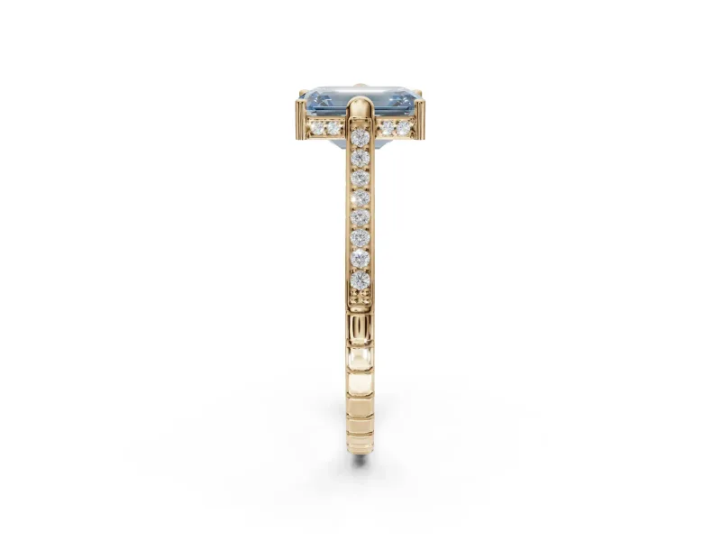 Emerald Cut Vintage Cathedral Engagement Ring Setting for a Fancy Blue Lab-Grown Diamond | Carved Band | Yellow Gold