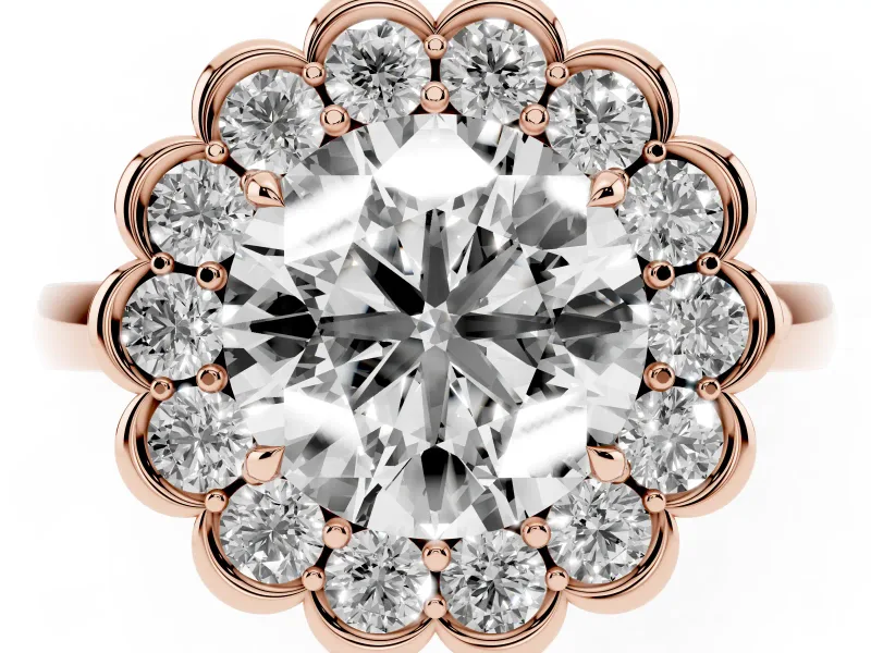Round Scalloped Cluster Halo Engagement Ring Setting | Plain Band | Rose Gold
