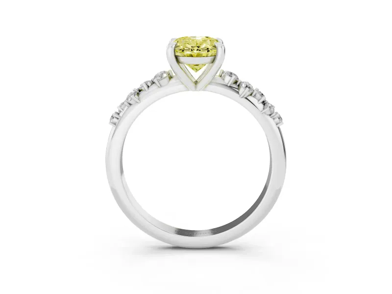 Fancy Yellow Oval Cut Diamond Solitaire Vine Band Ring Set in Silver with Round Accents and Prong Setting