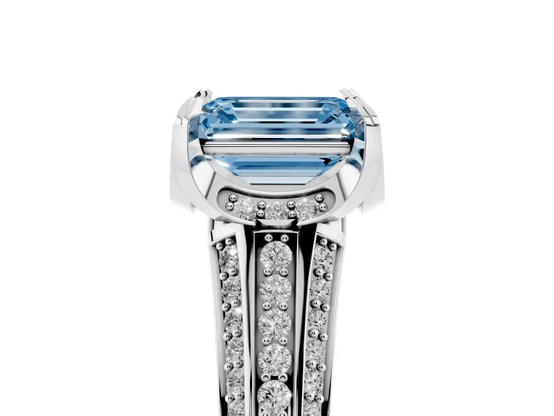 Fancy Blue Emerald Cut Diamond Pavé Split Shank Solitaire Ring Set in Platinum with Prong Setting