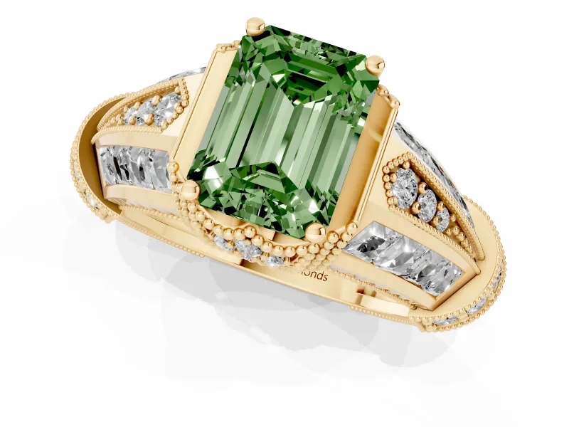 Emerald Cut Vintage Milgrain Engagement Ring Setting for a Fancy Green Lab-Grown Diamond | Hidden Halo | Yellow Gold