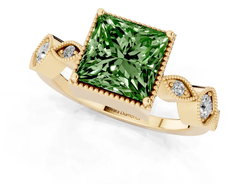 Fancy Green Princess Cut Diamond Vintage-Inspired Milgrain Ring Set in Yellow gold with Marquise Stations of Round Accents