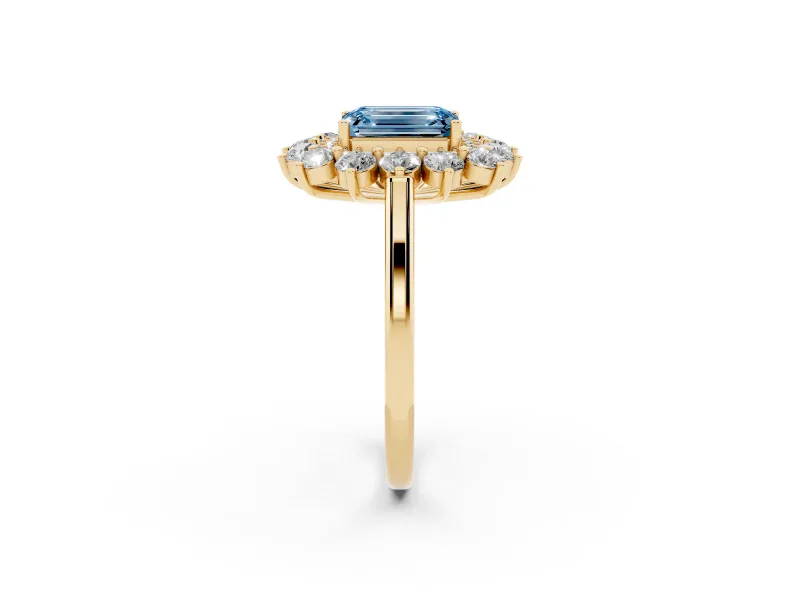Emerald Cut Floral Double Halo Engagement Ring Setting for a Fancy Blue Lab-Grown Diamond | Plain Band | Yellow Gold