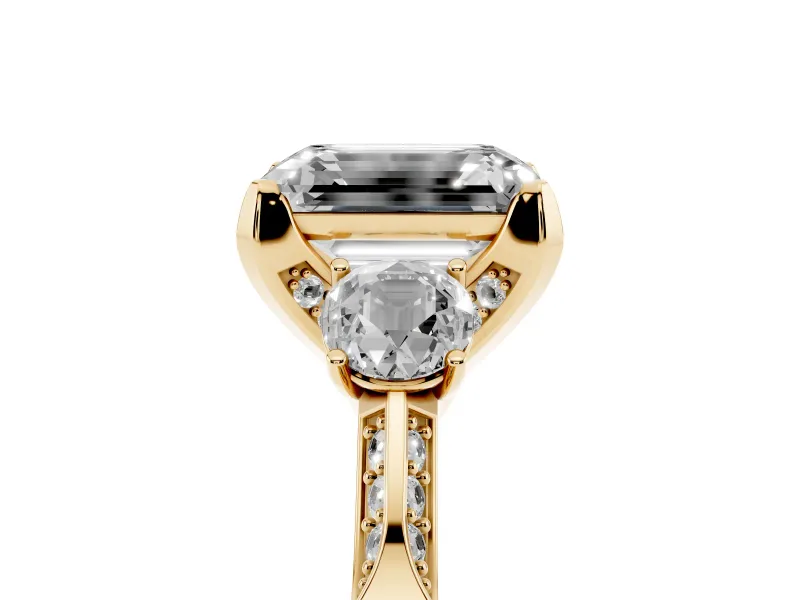 Emerald Cut Hidden Halo Three Stone Engagement Ring Setting for a Fancy Pink Lab-Grown Diamond | Yellow Gold