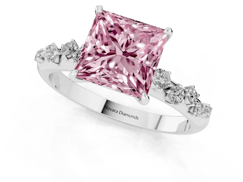 Fancy Pink Princess Cut Diamond Cluster Solitaire Ring Set in Platinum with Prong Setting