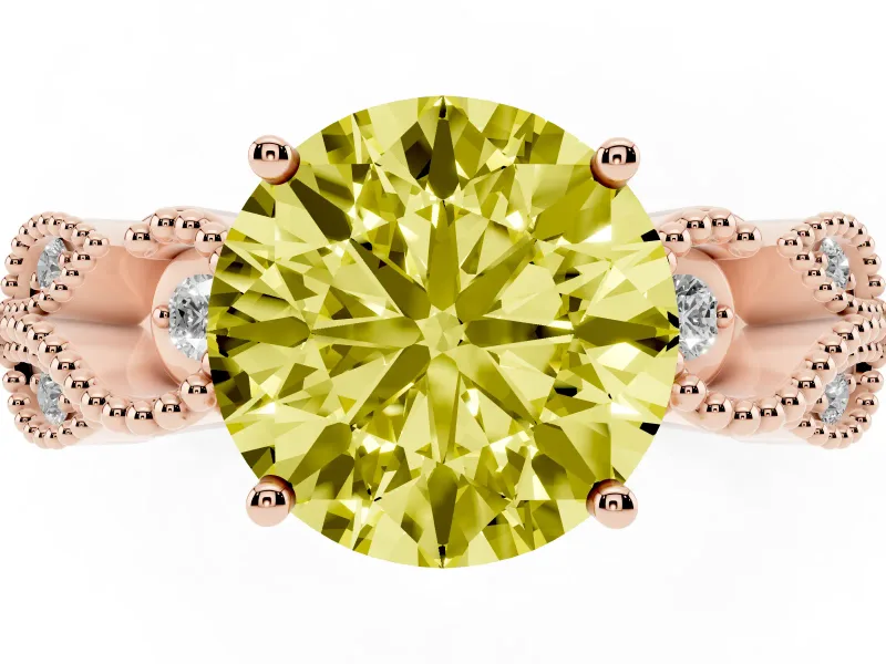 Fancy Yellow Round Cut Diamond Milgrain Leaf Band Solitaire Ring Set in Rose gold with Accent Stones and Prong Setting