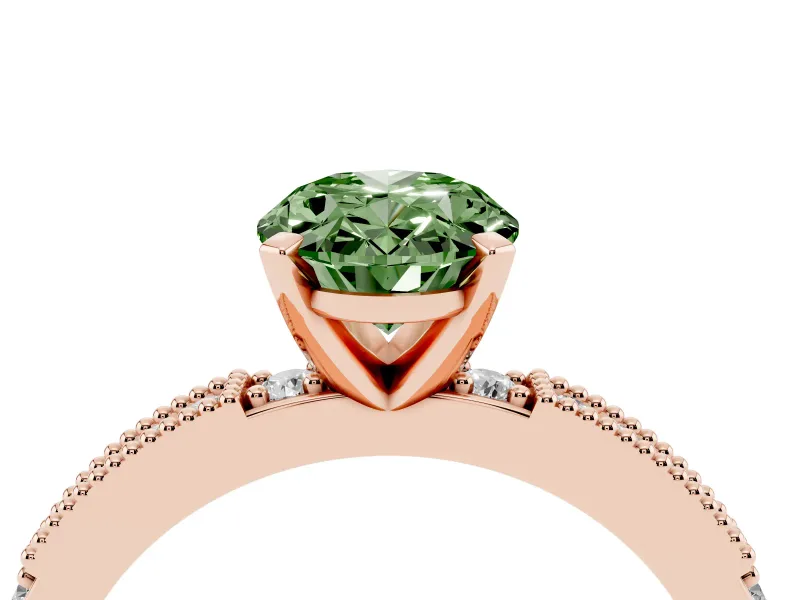 Fancy Green Oval Cut Diamond Solitaire Ring Set in Rose gold with Slim Pavé Band and Prong Setting