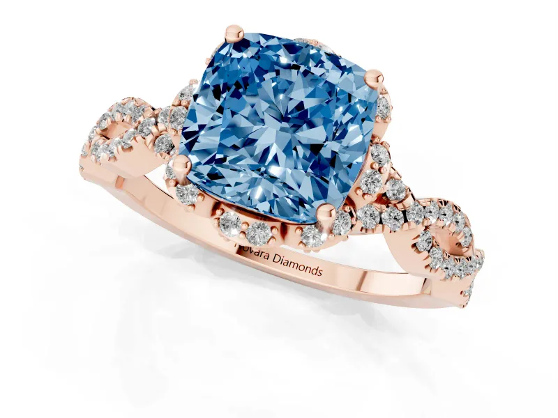 Fancy Blue Cushion Cut Diamond Halo Twist Band Solitaire Ring Set in Rose gold with Prong-Set Center Stone
