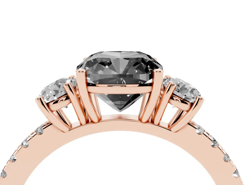 Cushion Cut Three Stone Engagement Ring Setting for a Black Center | Pavé Shoulders | Rose Gold