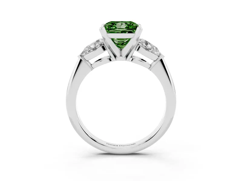 Fancy Green Three-Stone Princess Cut Diamond Ring Set in Platinum with Pear Side Stones and Prong Setting