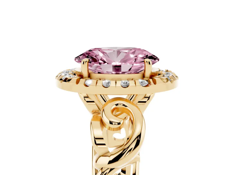 Fancy Pink Oval Cut Diamond Halo Ring Set in Yellow gold with Scrollwork Band and Prong Setting