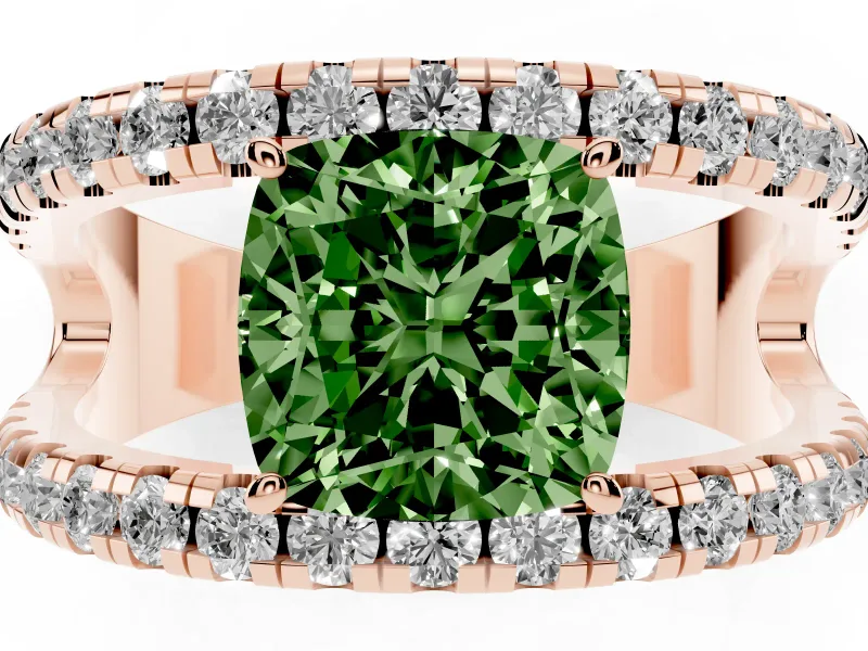 Cushion Cut Wide Open Split Shank Engagement Ring Setting for a Fancy Green Lab-Grown Diamond | Pavé Strands | Rose Gold