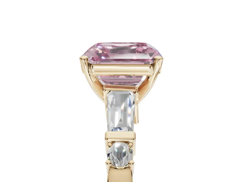 Asscher Cut Tapered Baguette Engagement Ring Setting for a Fancy Pink Lab-Grown Diamond | Bar Set Sides | Yellow Gold