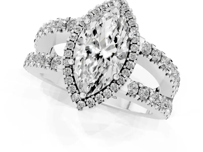 Marquise Cut Diamond Halo Ring Set in Silver with Pavé Split Shank and Prong Setting