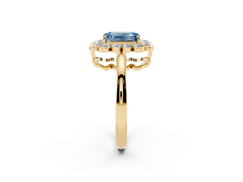 Emerald Cut Scalloped Cluster Halo Engagement Ring Setting for a Fancy Blue Lab-Grown Diamond | Plain Band | Yellow Gold