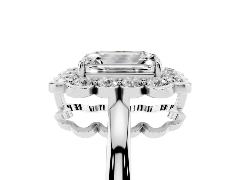 Emerald Cut Scalloped Cluster Halo Engagement Ring Setting | Plain Band | Sterling Silver