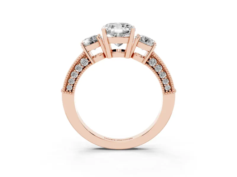 Cushion Cut Vintage Three Stone Engagement Ring Setting | Graduated Milgrain Pave | Rose Gold