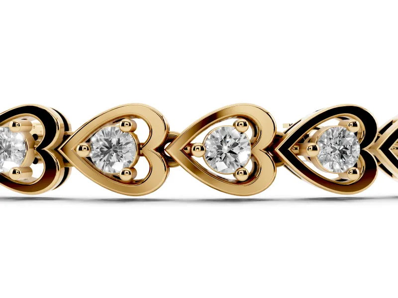 Round Lab-Grown Diamond Heart Link Tennis Bracelet | Alternating Hearts | Yellow Gold