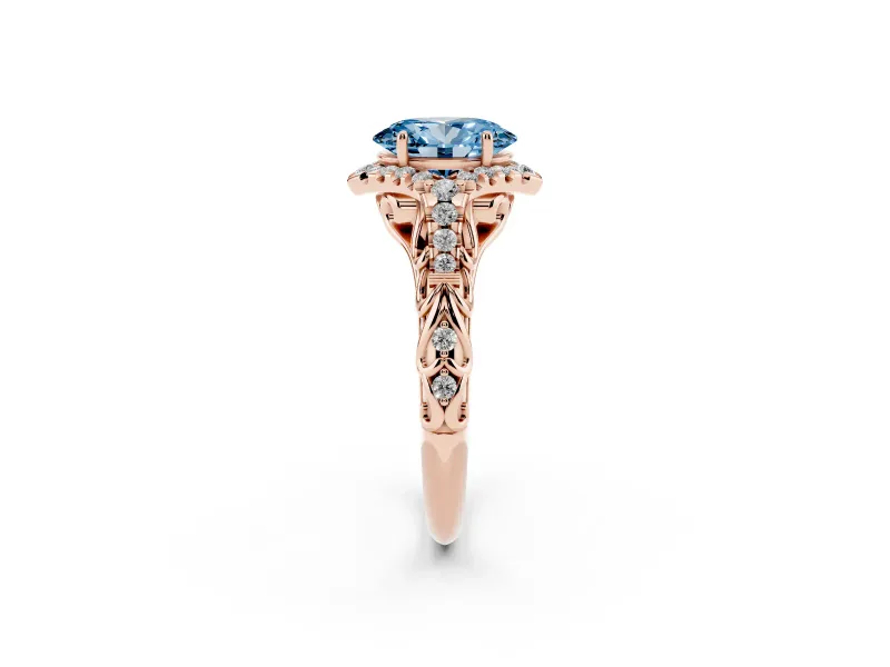 Oval Hidden Halo Filigree Engagement Ring Setting for a Fancy Blue Lab-Grown Diamond | Rose Gold