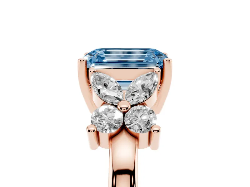 Emerald Cut Floral Side Stone Engagement Ring Setting for a Fancy Blue Lab-Grown Diamond | Rose Gold