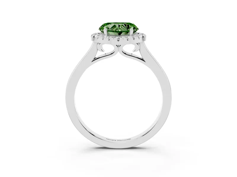 Fancy Green Heart Cut Halo Round Diamond Solitaire Ring Set in Platinum with Pavé Band and Prong Setting